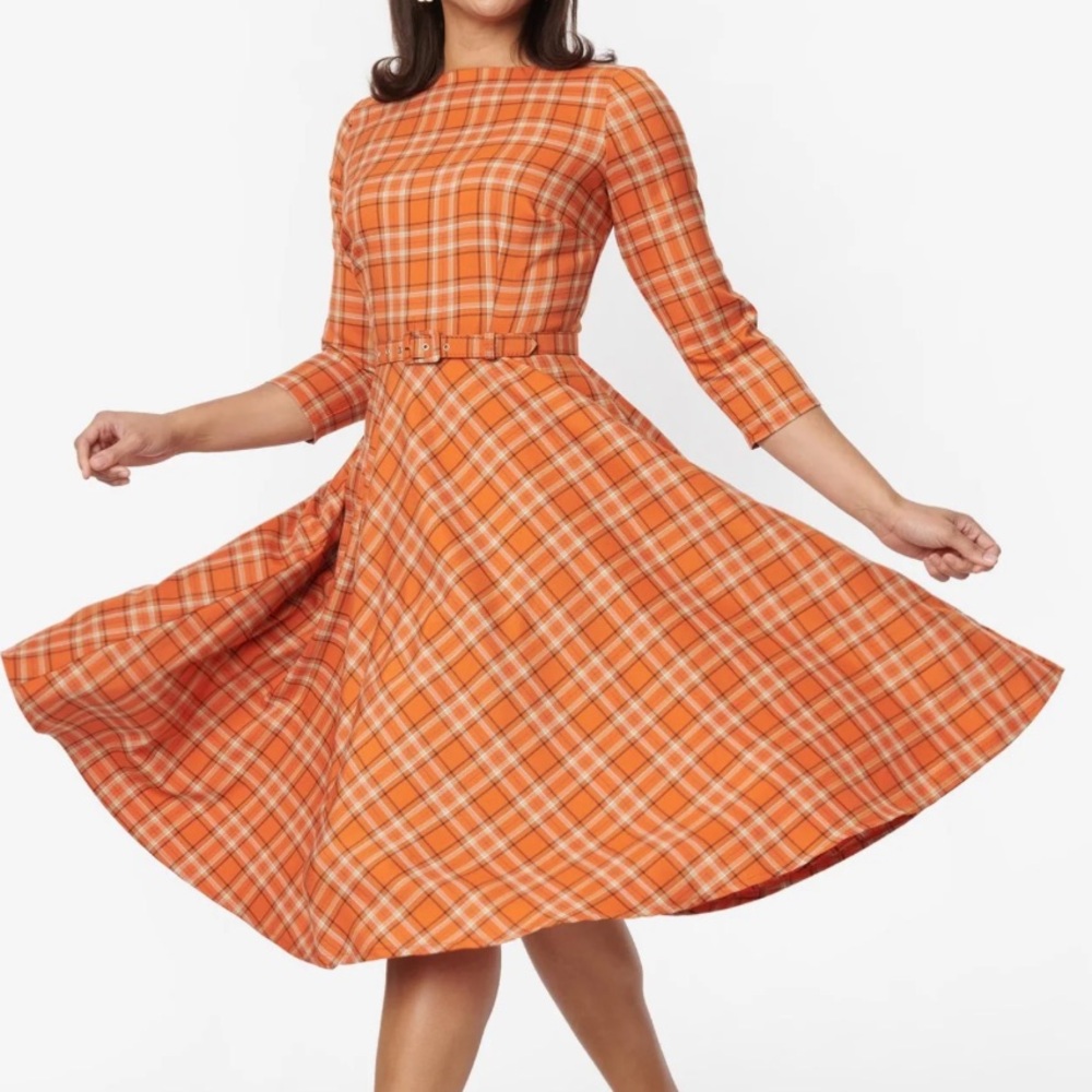 NWT Unique Vintage Orange Plaid Devon Dress 3X